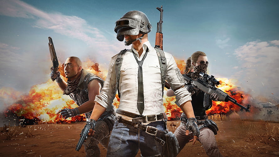 PUBG Mobile Three Armed Characters Running Through Battlefield Explosion HD wallpaper