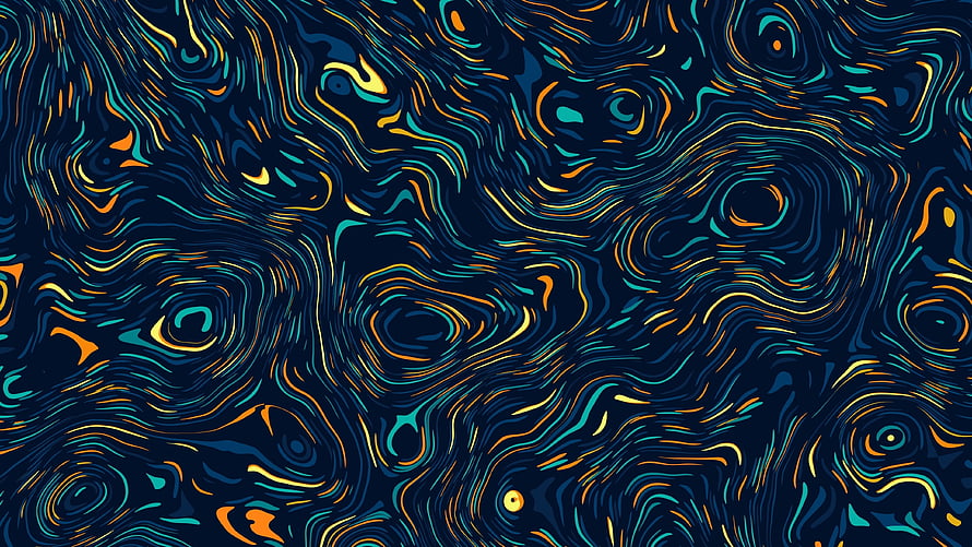Abstract Swirling Liquid Pattern With Neon Blue Orange And Yellow Lines On Dark Background HD wallpaper
