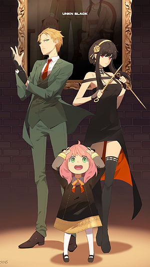Spy x Family anime trio illustration with Loid, Yor, and Anya in formal attire HD phone wallpaper