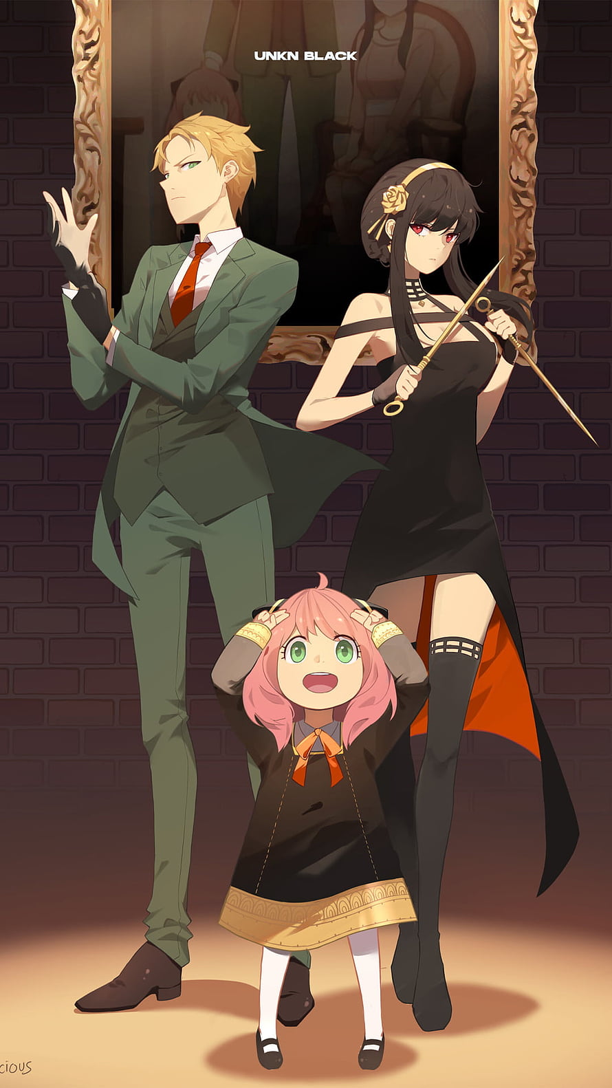Spy x Family anime trio illustration with Loid, Yor, and Anya in formal attire HD phone wallpaper