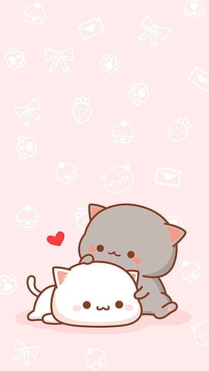 Cute Kawaii Cats Hugging on Pink Background with Bow and Strawberry Pattern HD phone wallpaper