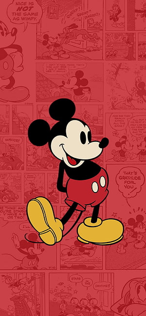 Mickey Mouse Walking Pose on Red Comic Strip Background HD phone wallpaper