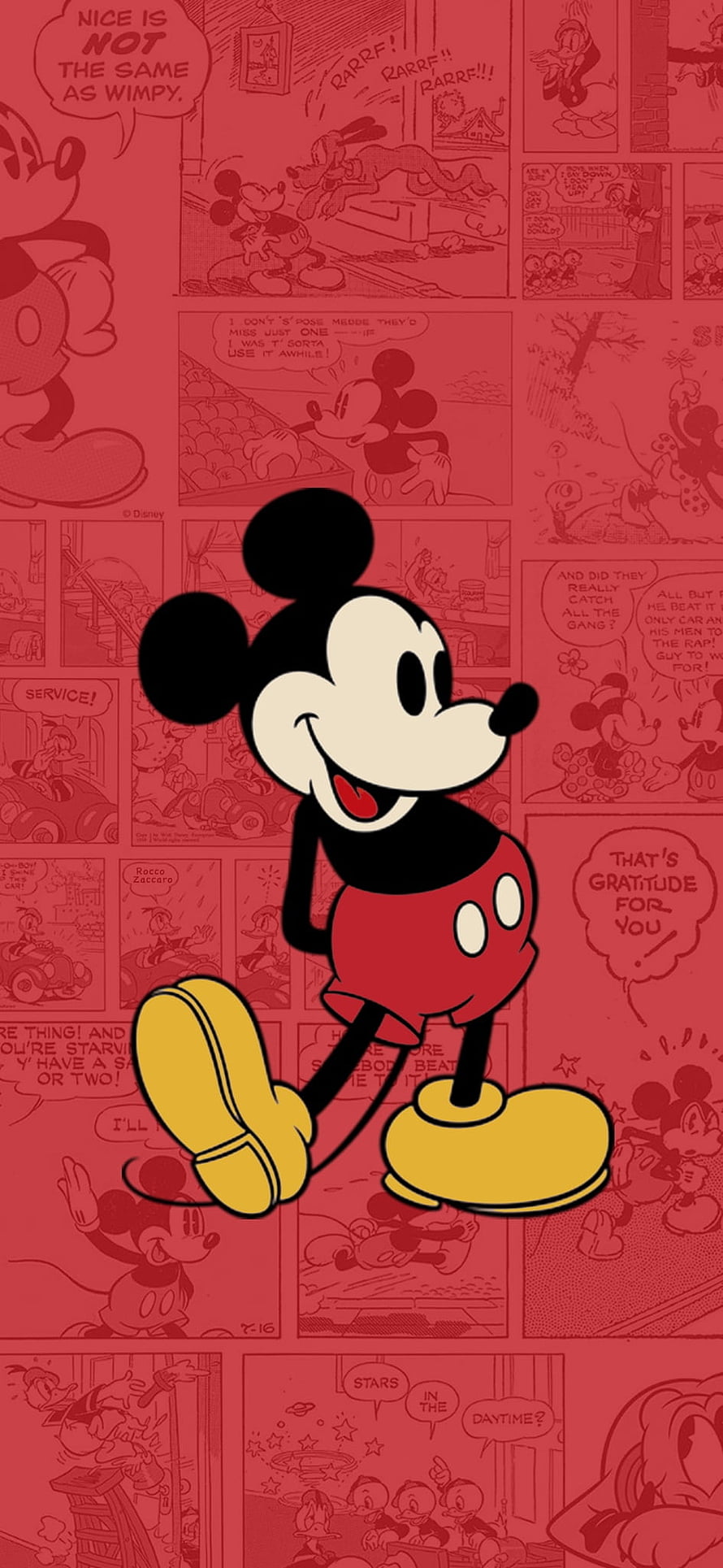 Mickey Mouse Walking Pose on Red Comic Strip Background HD phone wallpaper