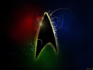 Star Trek Delta Emblem with Glowing Edges and Ornamental Swirls on a Dark Cosmic Background HD wallpaper