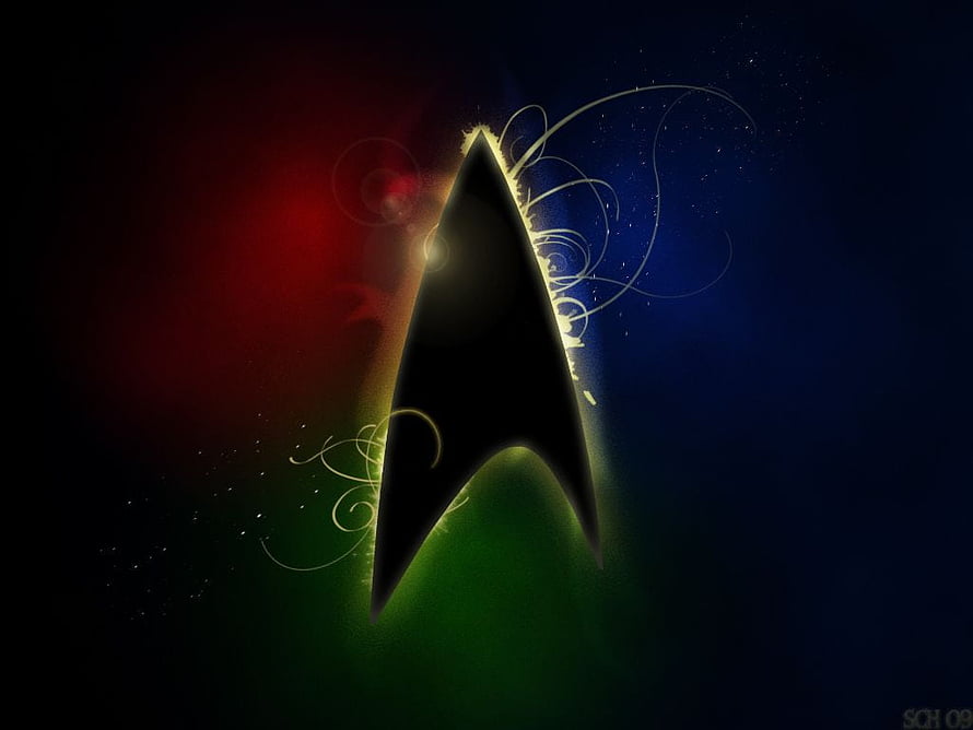 Star Trek Delta Emblem with Glowing Edges and Ornamental Swirls on a Dark Cosmic Background HD wallpaper