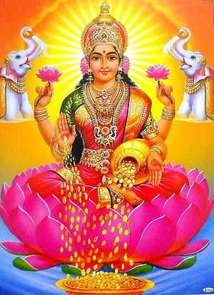 Goddess Lakshmi Seated on Lotus with Elephants and Golden Coins HD phone wallpaper