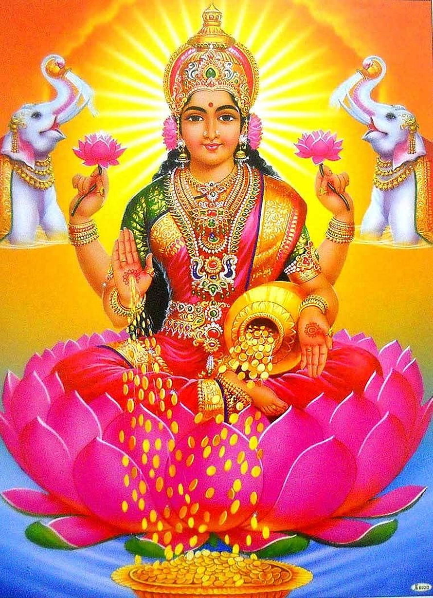 Goddess Lakshmi Seated on Lotus with Elephants and Golden Coins HD phone wallpaper