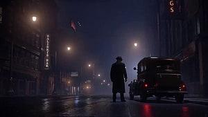 Mysterious Man in Trench Coat Standing on Foggy Street at Night Near Vintage Car, Mafia: Definitive Edition Update Adds Noir Mode, Custom HUD Options, Mafia 1 HD wallpaper