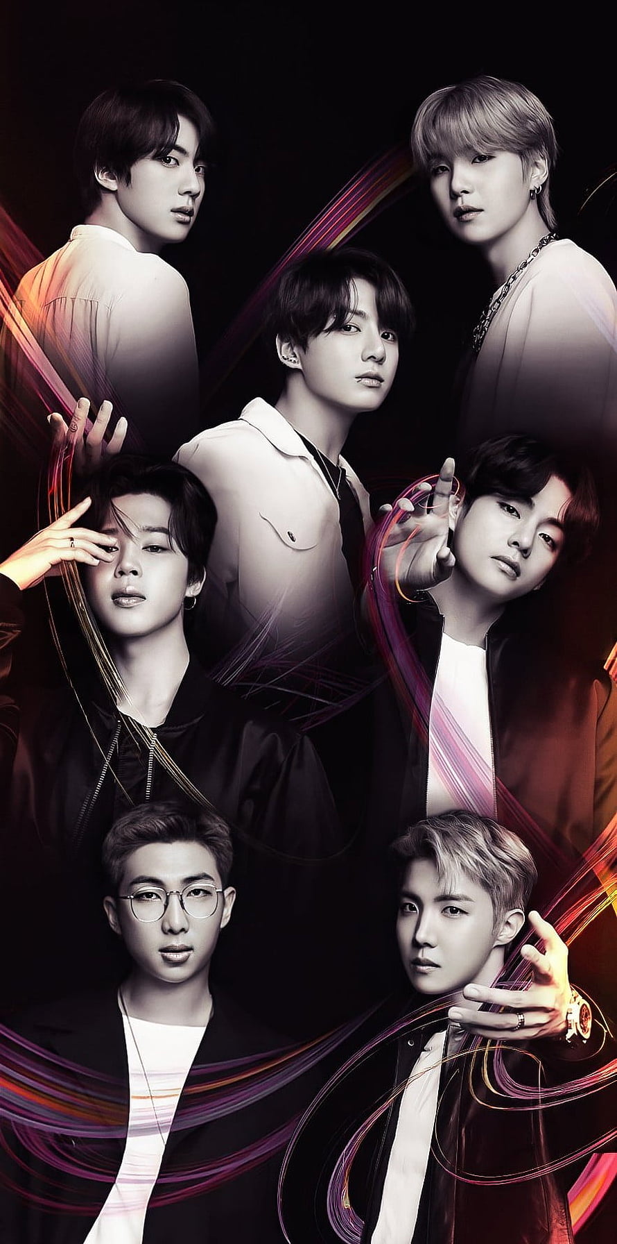 BTS Members Dramatic Portrait With Neon Light Trails On Dark Background HD phone wallpaper
