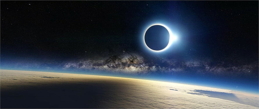 Total Solar Eclipse Over Earth's Horizon With Milky Way Galaxy in Deep Space HD wallpaper