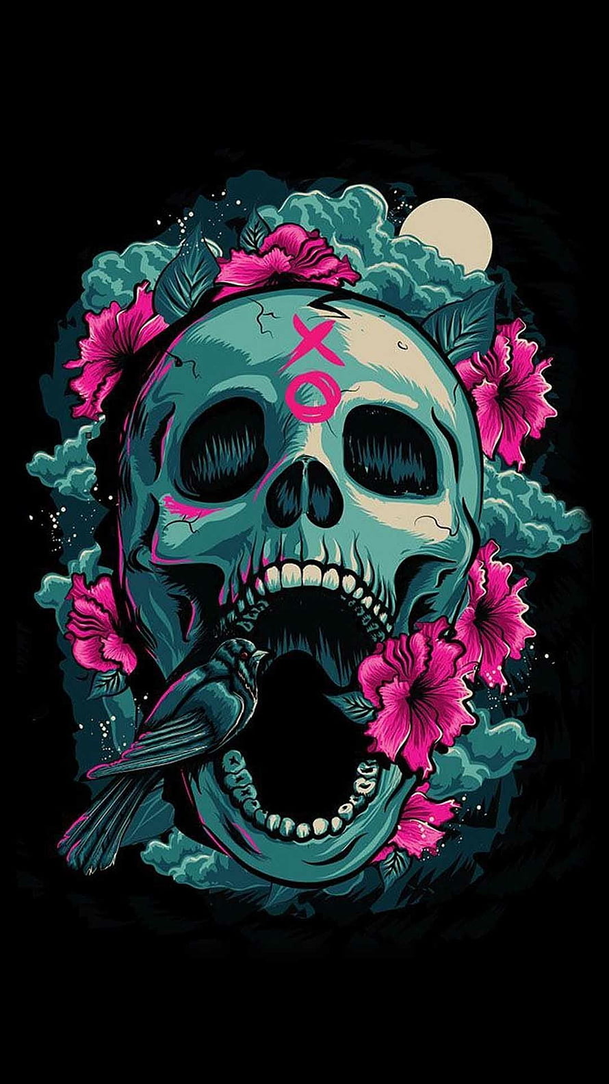 Sugar Skull Tattoo Design with Pink Flowers and Bird HD phone wallpaper