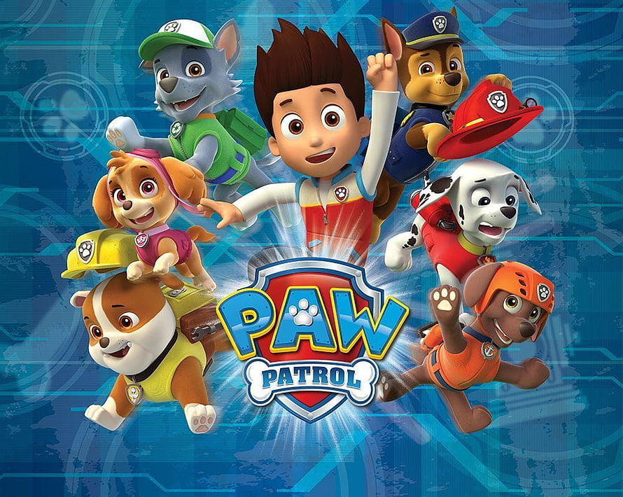 Paw Patrol Team Group Shot with Ryder and Pups on Blue Tech Background HD wallpaper