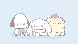 Cute Sanrio Characters Pochacco Cinnamoroll and Pompompurin Sitting Together Pastel Blue Background HD wallpaper