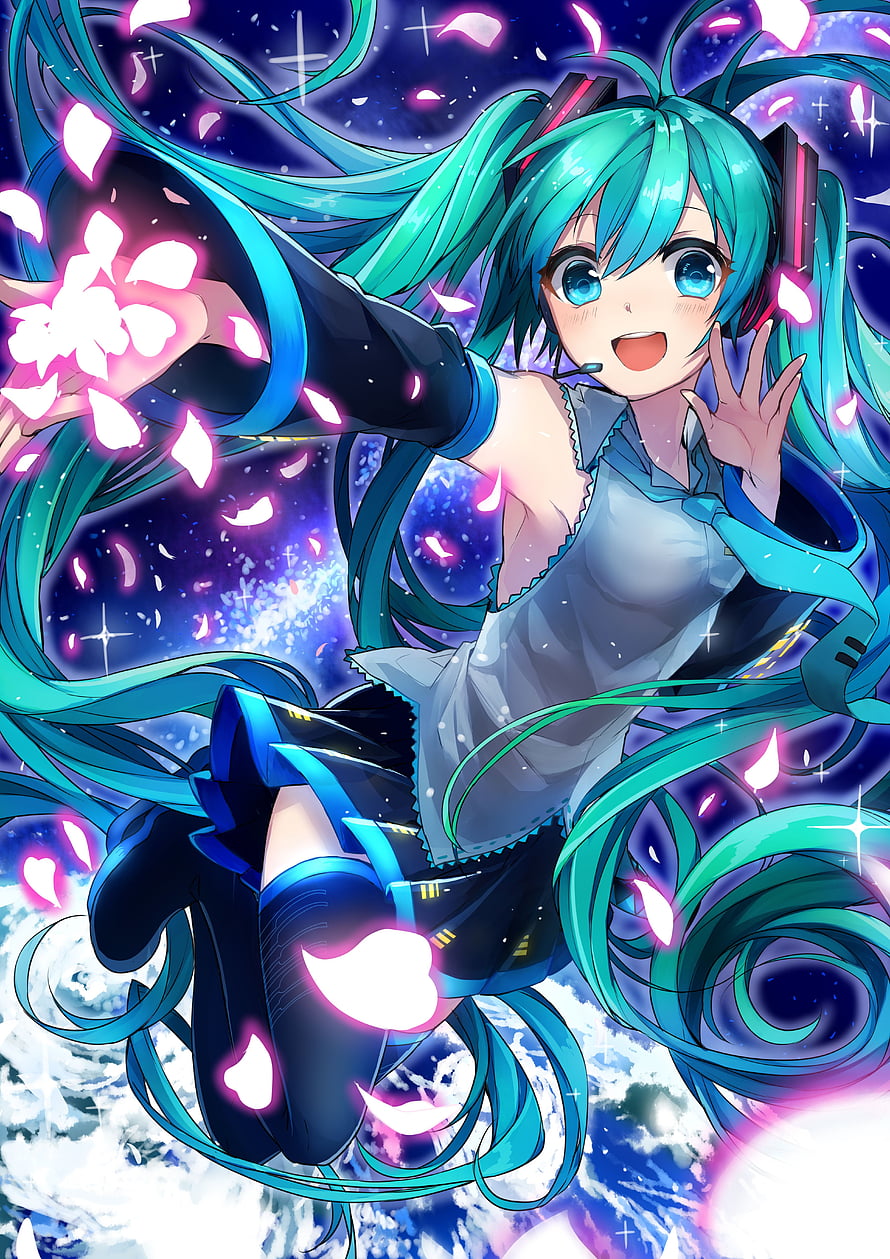 Hatsune Miku Anime Illustration with Glowing Petals and Cosmic Background HD phone wallpaper