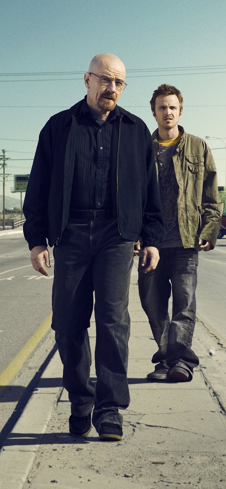 Walter White and Jesse Pinkman Walking on a Desert Road in Breaking Bad, Breaking Bad, Jesse Pinkman, Walter White, Road for 11 Pro & X HD phone wallpaper