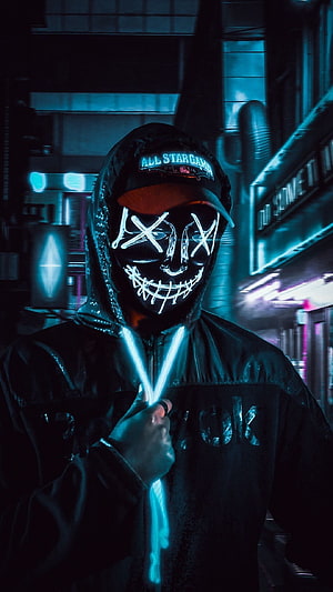 Neon LED Vixen Mask in Cyberpunk Street with Glowing Zipper and Cap HD phone wallpaper