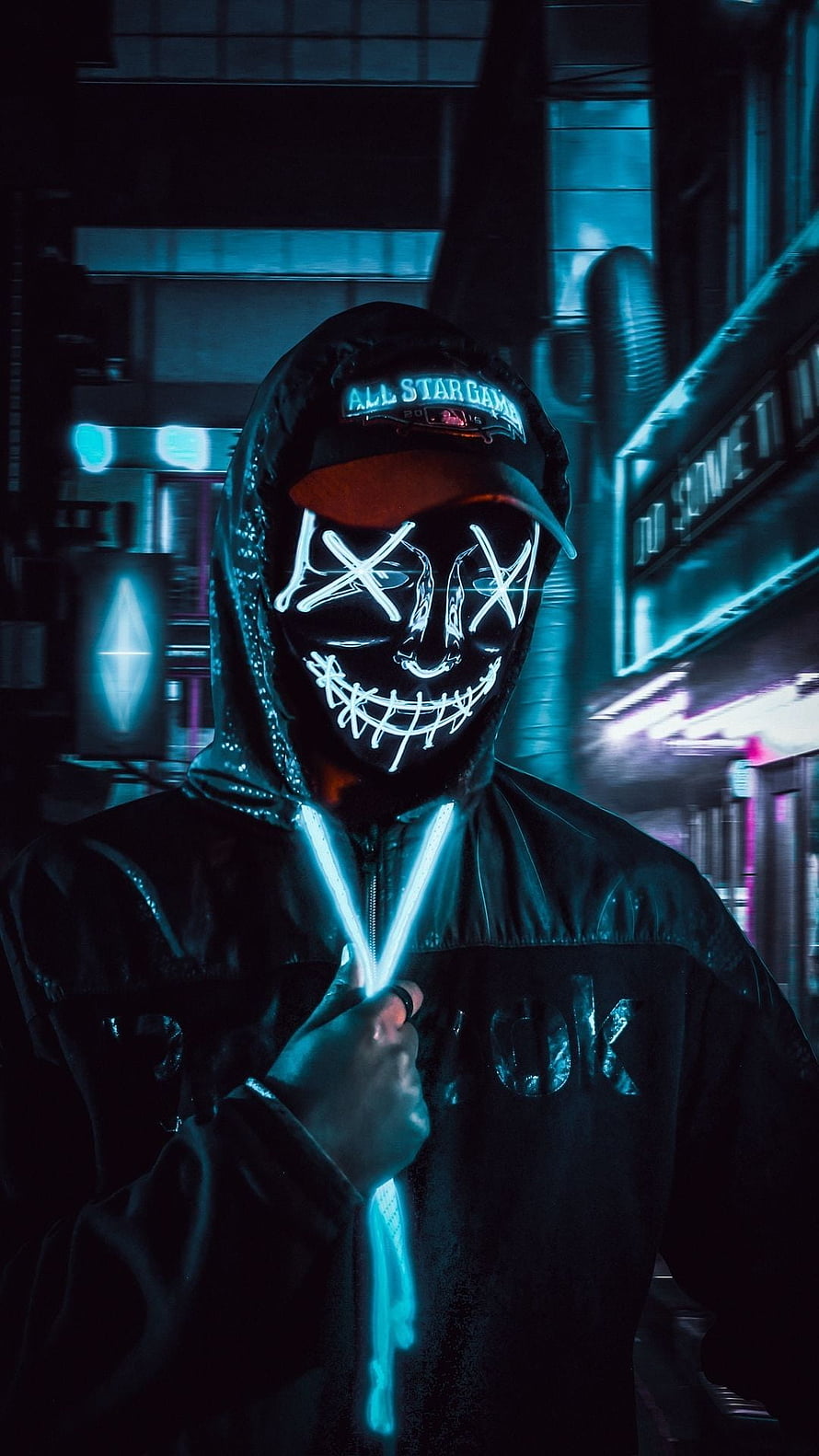 Neon LED Vixen Mask in Cyberpunk Street with Glowing Zipper and Cap HD phone wallpaper