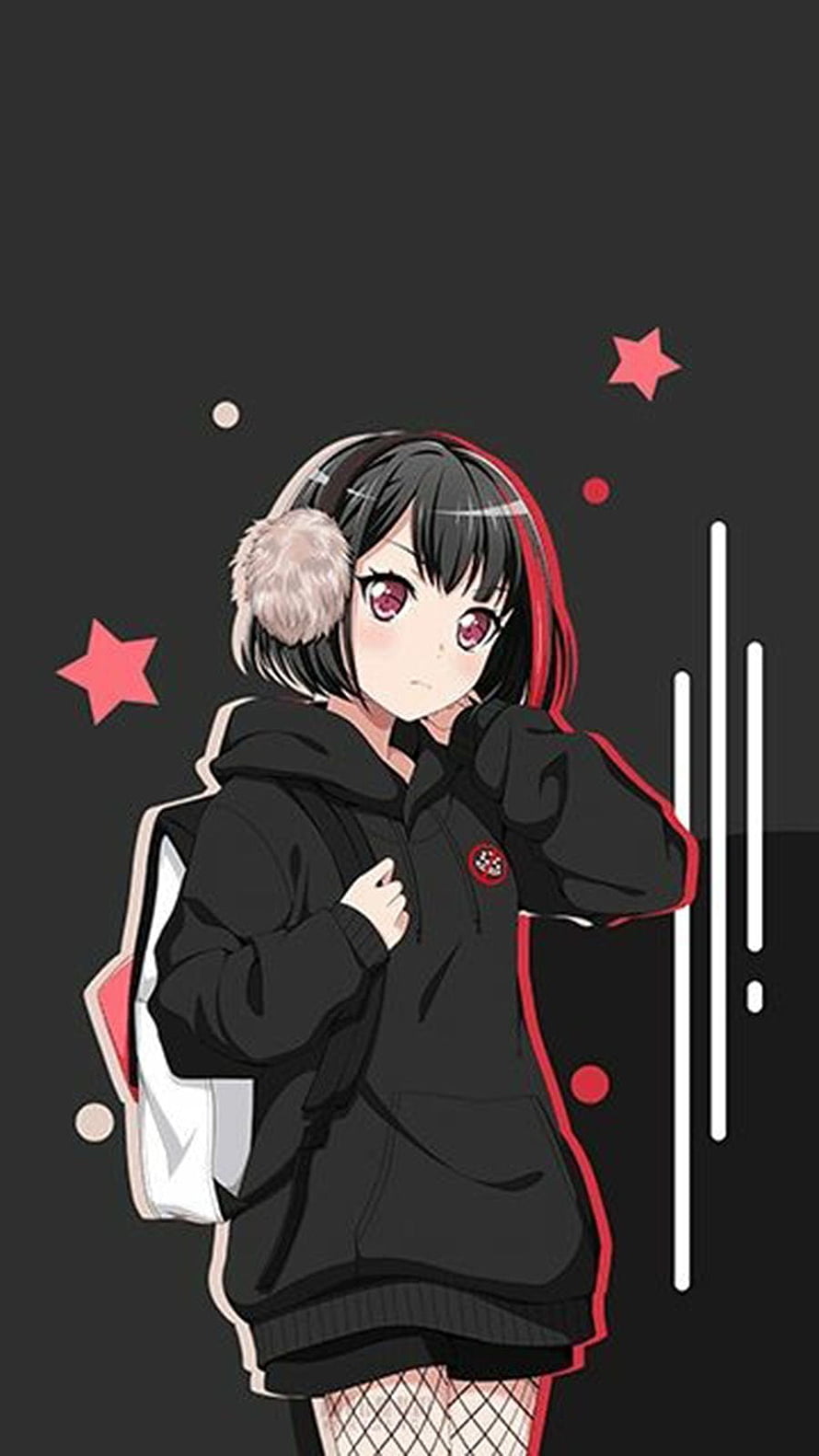 Anime Girl in Black Hoodie and Earmuffs with Red Accents HD phone wallpaper