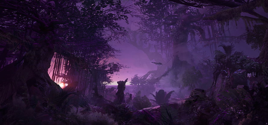 Mystical Purple Jungle Landscape With Giant Trees And Foggy Atmosphere HD wallpaper