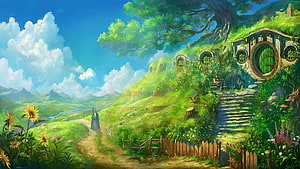 Whimsical Hobbit Hole Cottage in Lush Green Hills with Wizard Walking Path HD wallpaper