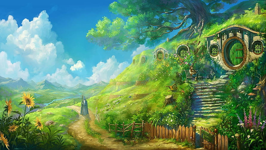 Whimsical Hobbit Hole Cottage in Lush Green Hills with Wizard Walking Path HD wallpaper