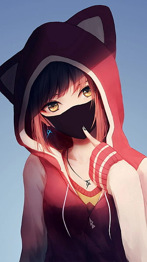 Anime Girl in Red Cat-Ear Hoodie with Black Face Mask and Amber Eyes HD phone wallpaper