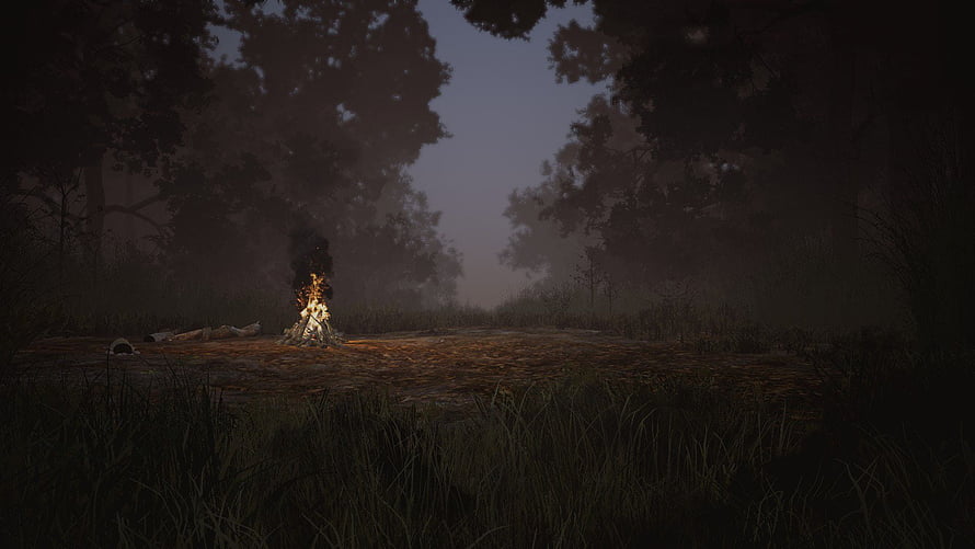 Dead By Daylight Campfire Scene in Misty Forest at Dusk HD wallpaper