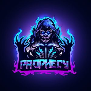 Prophecy Esports Mascot Featuring A Hooded Skeleton With Glowing Blue Flames And Neon Typography HD phone wallpaper