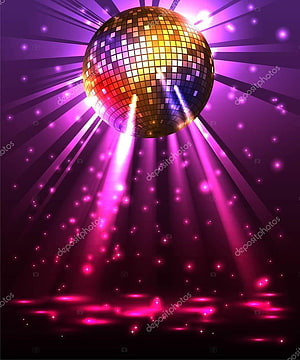 Vibrant disco ball with radiant purple and pink light beams against a dark party background HD phone wallpaper