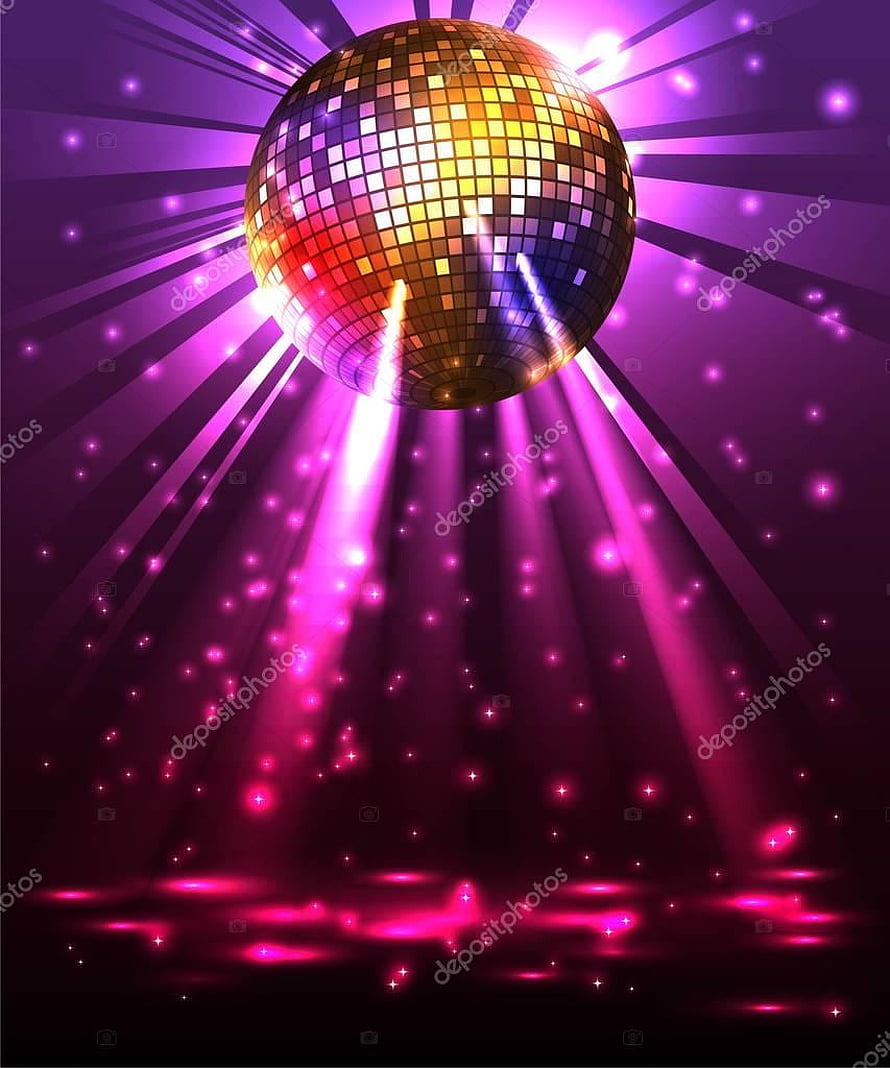 Vibrant disco ball with radiant purple and pink light beams against a dark party background HD phone wallpaper