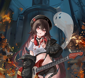 Hu Tao from Genshin Impact holding a red electric guitar with a ghost companion in an autumn setting HD wallpaper