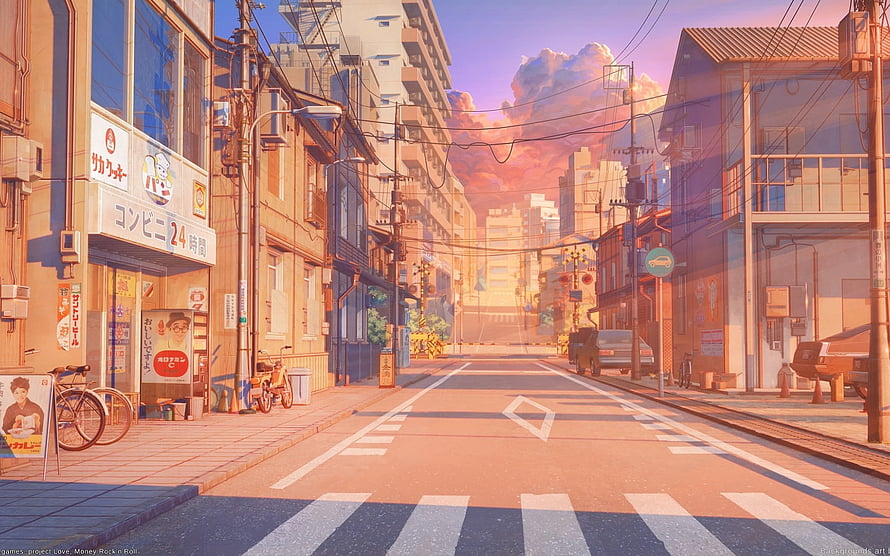 Sunset Japanese City Street Anime Style Wallpaper HD wallpaper