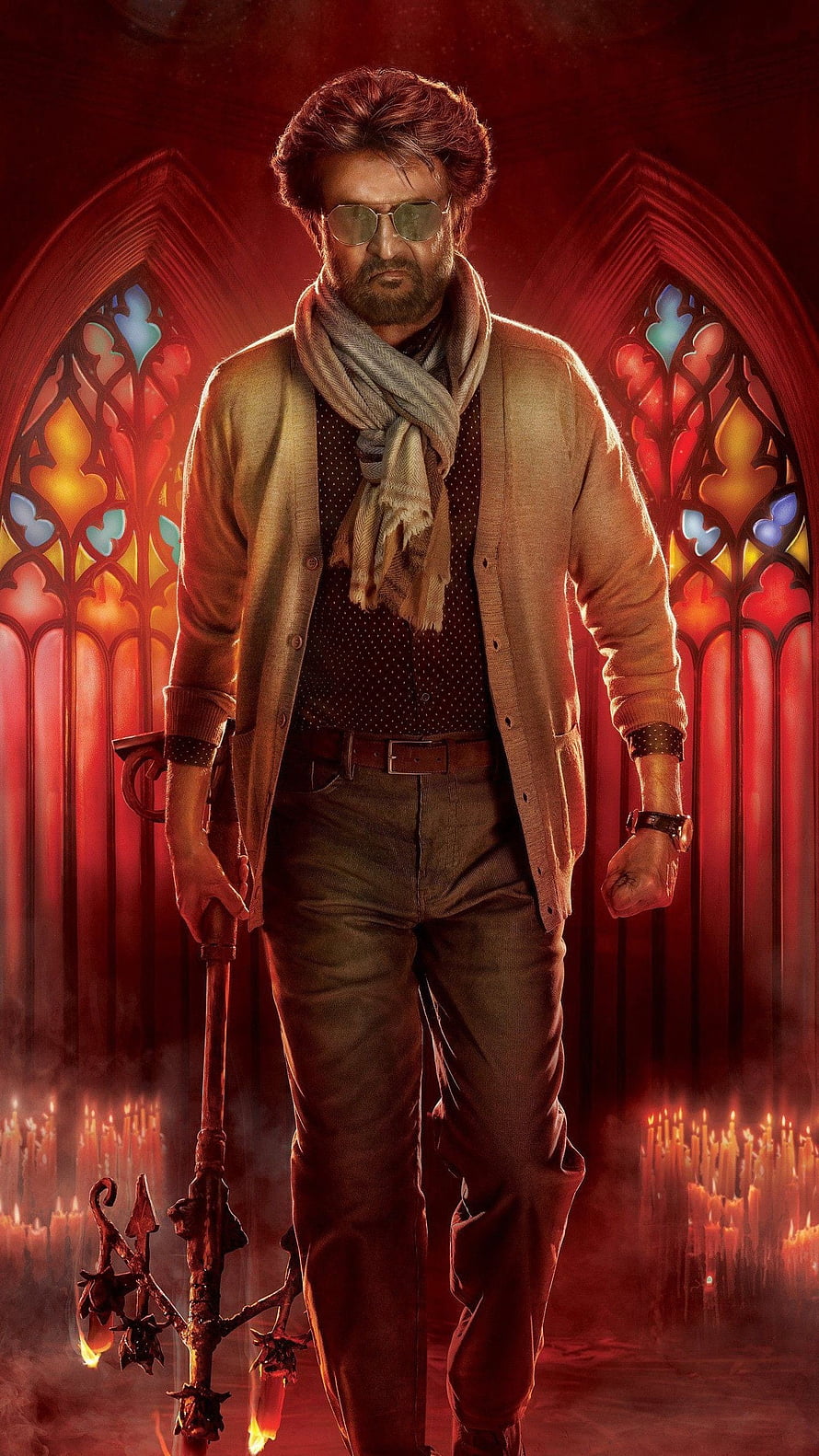 Rajinikanth in Petta Movie Poster with Cane and Stained Glass Background HD phone wallpaper
