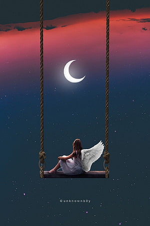 Winged Angel Girl Sitting on a Rope Swing Under a Crescent Moon in a Starry Night Sky HD phone wallpaper