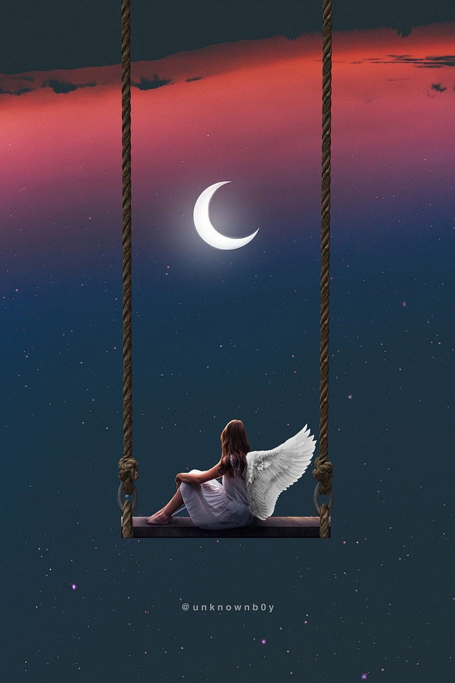 Winged Angel Girl Sitting on a Rope Swing Under a Crescent Moon in a Starry Night Sky HD phone wallpaper