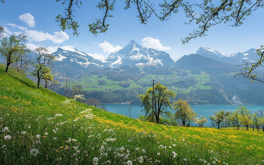 Swiss Alpine Spring Landscape Featuring Snow-Capped Peaks and a Turquoise Lake HD wallpaper