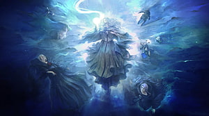Fantasy Artwork of a Glowing Ethereal Figure Surrounded by Floating Souls in a Dark Blue Void HD wallpaper