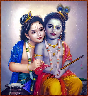 Krishna and Balarama Sitting Together in Traditional Attire with Peacock Feather Crown HD phone wallpaper