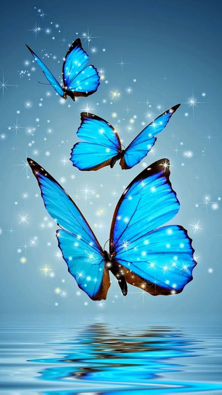 Magical Blue Morpho Butterflies Flying Over Sparkling Water HD phone wallpaper