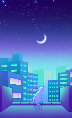 Lofi Hip Hop Cat Watching Starry Night Sky Over Neon City Rooftop HD phone wallpaper
