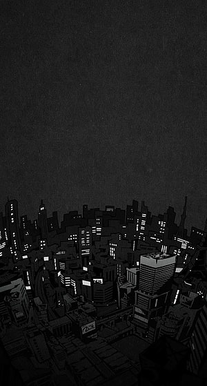 Dark Monochrome Anime Cityscape Night Skyline Wallpaper HD phone wallpaper