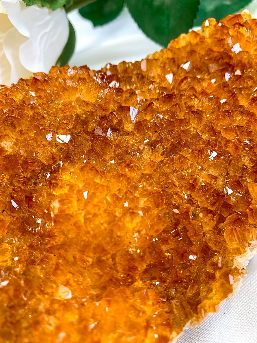 Vibrant Citrine Crystal Cluster with White Rose and Green Leaves HD phone wallpaper
