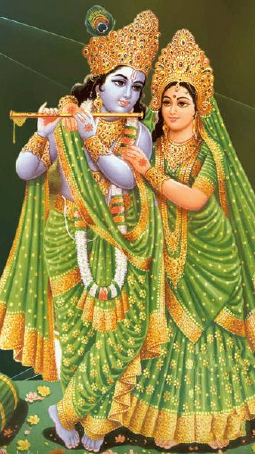 Radha Krishna in Green Sarees Playing Flute Traditional Indian Deity Painting HD phone wallpaper