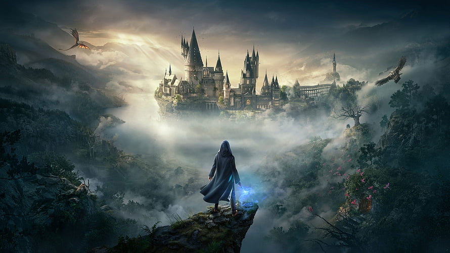 Hogwarts Legacy Wizard Gazing at Misty Castle with Dragon and Owl in Fantasy Landscape HD wallpaper