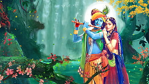 Radha Krishna Playing Flute in Lush Forest with Waterfall and Blooming Flowers HD wallpaper