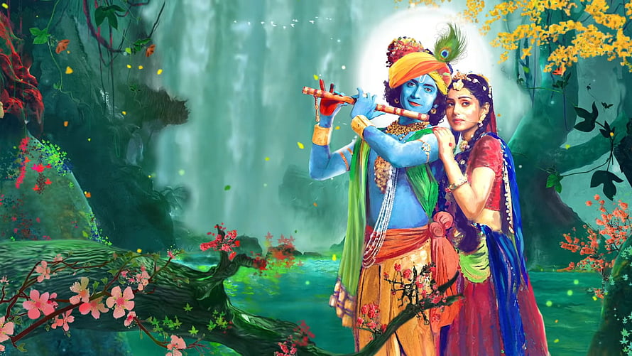 Radha Krishna Playing Flute in Lush Forest with Waterfall and Blooming Flowers HD wallpaper