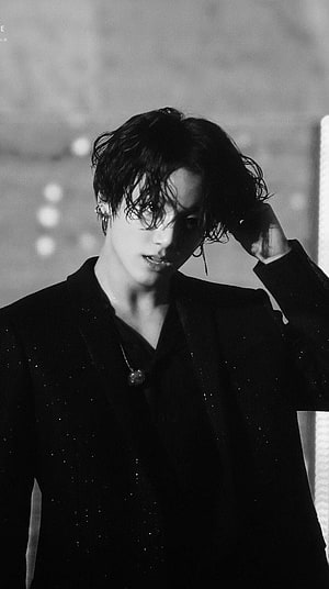 Jungkook Black and White Portrait in Sparkling Suit HD phone wallpaper