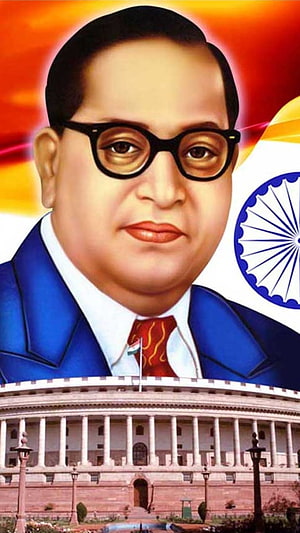 Portrait of Dr. B.R. Ambedkar with Indian Flag and Parliament House Background HD phone wallpaper