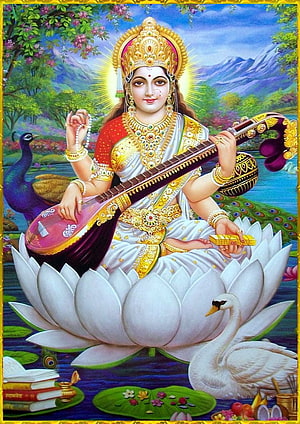 Saraswati Goddess Playing Veena on Lotus with Swan and Peacock HD phone wallpaper