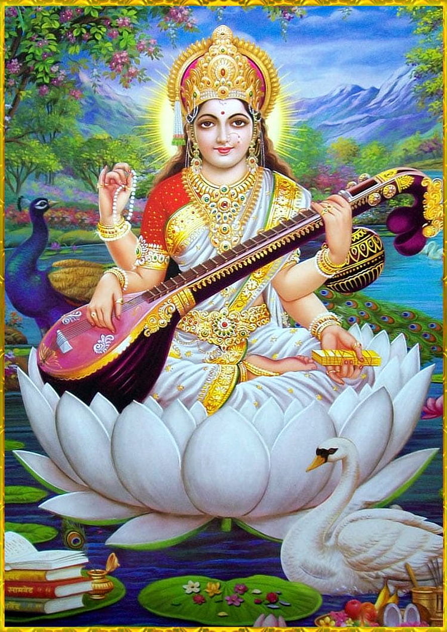 Saraswati Goddess Playing Veena on Lotus with Swan and Peacock HD phone wallpaper